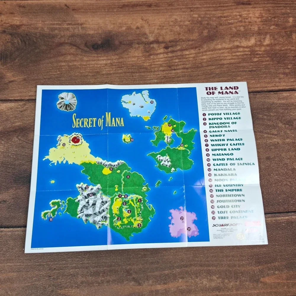 Squaresoft Secret of Mana SNES OS One Size Multi Good Manual and Map Poster